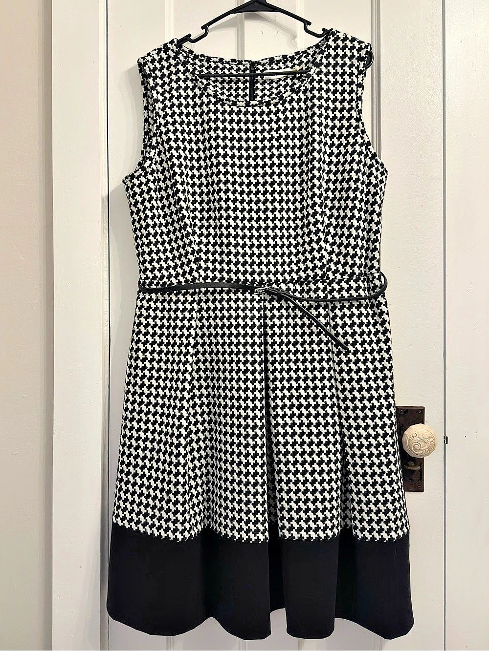 Calvin Klein Houndstooth Belted Midi Dress in Black & White